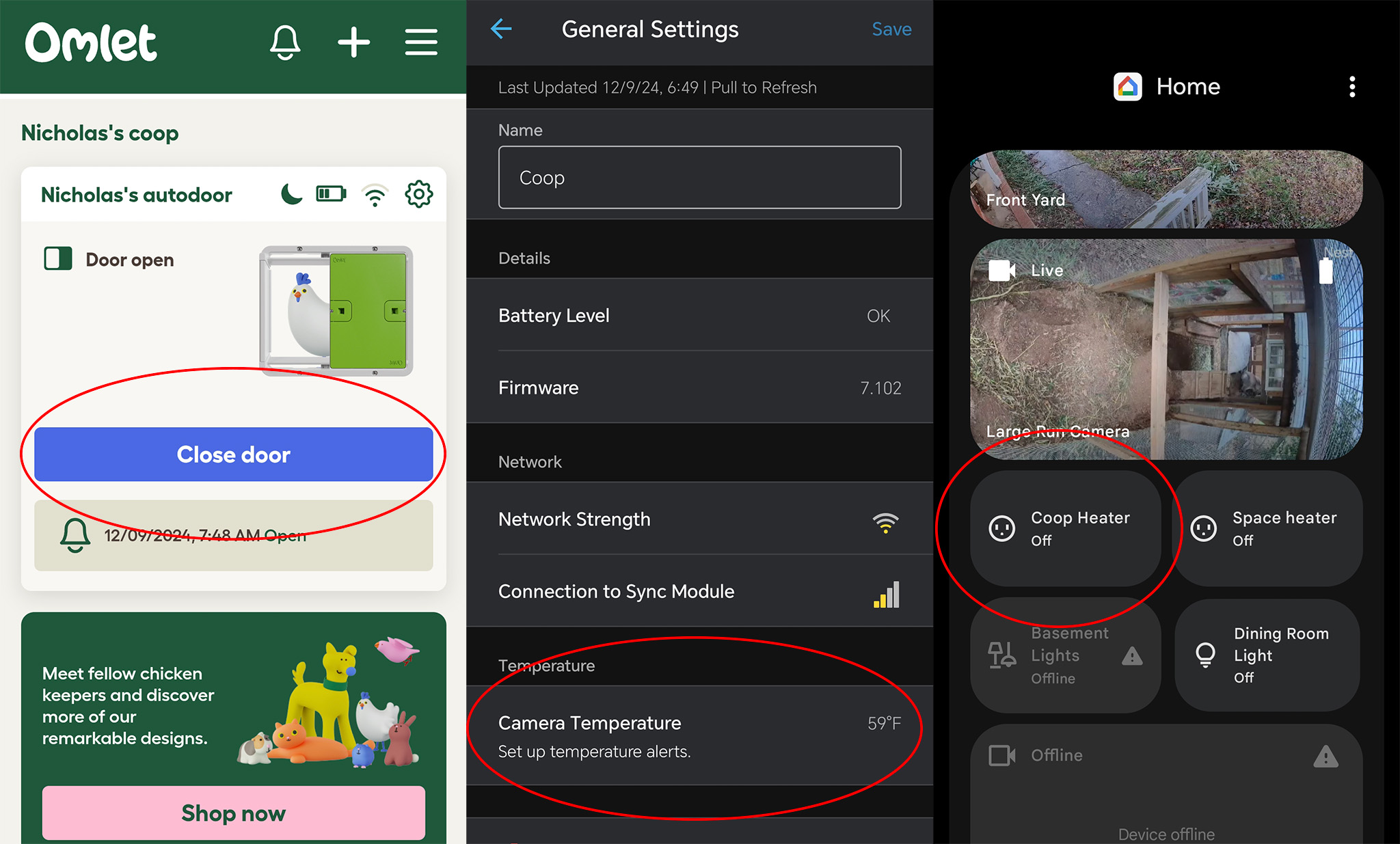 Screenshots of smart chicken coop apps including Omlet automatic door, Blink camera with temperature sensor, and Google Home with a Kasa Matter smart plug