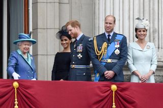 The Queen with Prince Harry and Meghan Markle and Prince William and Kate Middleton on the balcony of Buckingham Palace