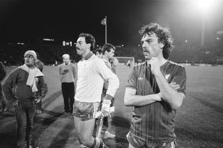 Liverpool's Bruce Grobbelaar and John Wark look on at the 1985 European Cup final against Juventus at the Heysel Stadium in Brussels, where 39 fans were killed due to crowd trouble