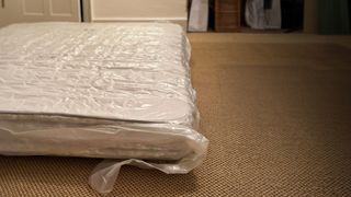 Button & Sprung Southdown mattress on the floor with packaging