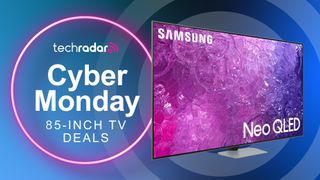 Samsung QN90C on a blue background next to text reading TechRadar Cyber Monday 85-inch TV deals