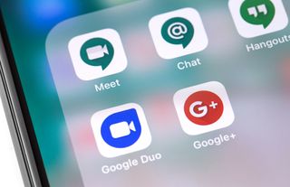 Image of Google Duo and Google Meet and Google Plus app icons on a phone screen