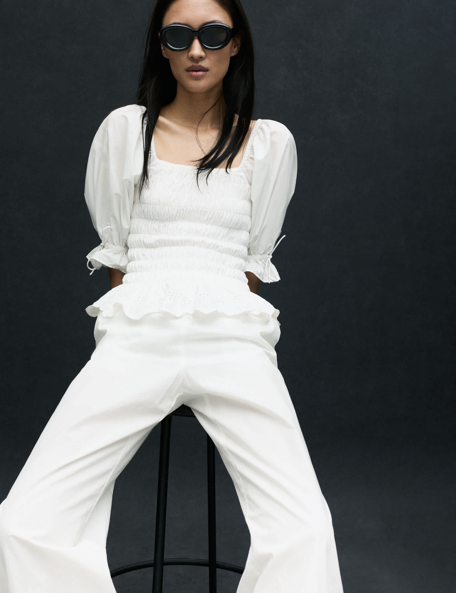 Pure Cotton Shirred Puff Sleeve Top