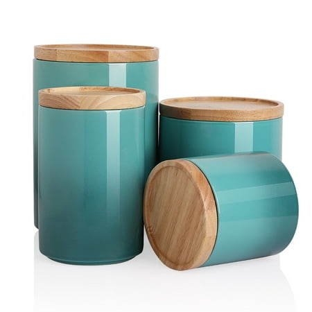 Sweejar Kitchen Canisters Ceramic Food Storage Jar Set, Stackable Containers With Airtight Seal Wooden Lid for Serving Ground Coffee, Tea, Herbs, Grains, Sugar, Salt - Set of 4 (gradient Blue)