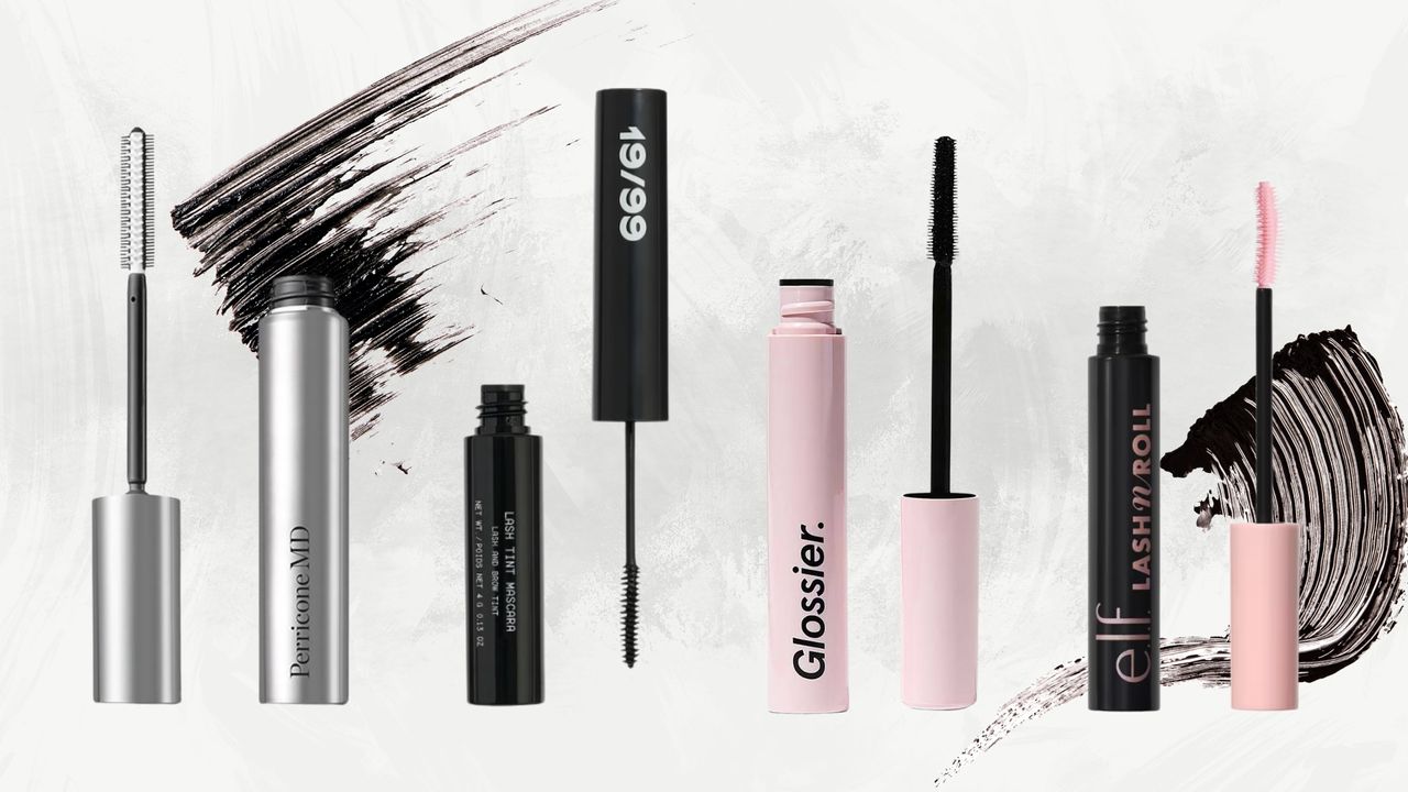 A collage of four of the best natural-looking mascaras featured in this guide, from Perricone MD, 19/99, Glossier and e.l.f. all featured on a grey and white template with two stock images of mascara brush swatches.