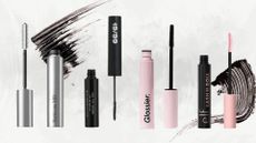 A collage of four of the best natural-looking mascaras featured in this guide, from Perricone MD, 19/99, Glossier and e.l.f. all featured on a grey and white template with two stock images of mascara brush swatches.