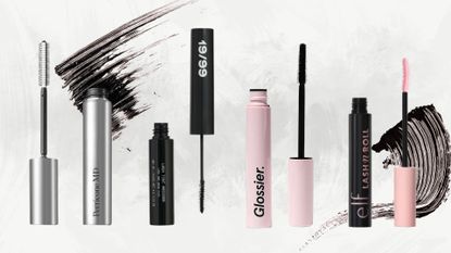 A collage of four of the best natural-looking mascaras featured in this guide, from Perricone MD, 19/99, Glossier and e.l.f. all featured on a grey and white template with two stock images of mascara brush swatches.