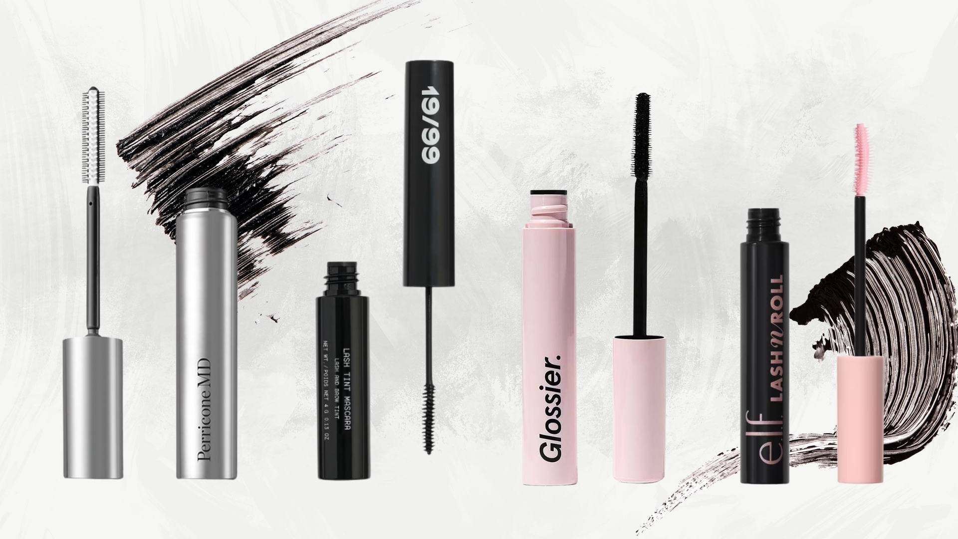 A collage of four of the best natural-looking mascaras featured in this guide, from Perricone MD, 19/99, Glossier and e.l.f. all featured on a grey and white template with two stock images of mascara brush swatches.