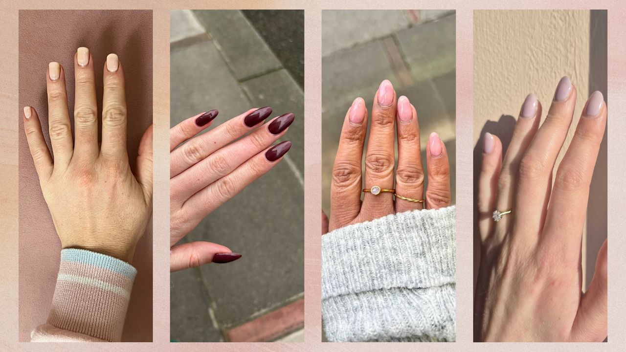 A collage of the woman&amp;home Beauty team&#039;s nails: on the far left, a close-up of Digital Beauty Editor, Fiona McKim&#039;s pastel pink nails. Next, a picture of Digital Beauty Writer, Sennen Prickett&#039;s long mauve-brown nails, alongside Digital Beauty Editor Aleesha Badkar&#039;s sheer pink almond nails and finally, on the far right, is a close-up of Digital Beauty Writer, Naomi Jamieson&#039;s sheer lavender nails/ in a orange to pink gradient template