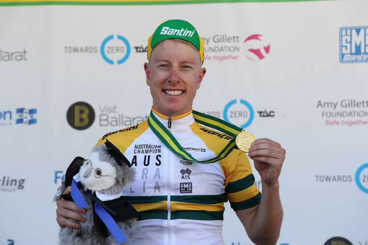 Cyrus Monk (Drapac EF p/b Cannondale Holistic Development Team) in the green and gold