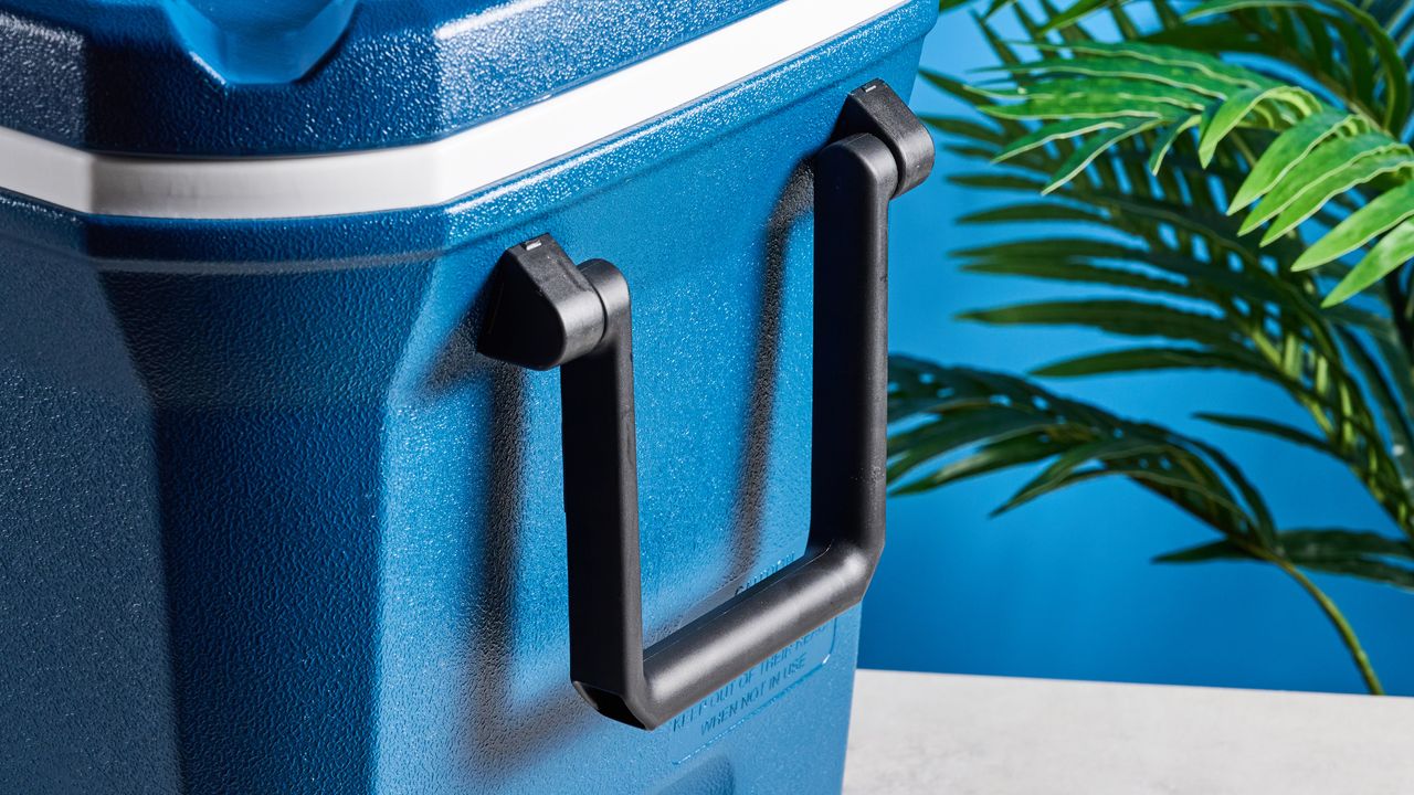 the coleman classic cooler coleman xtreme cooler in 54-quart in blue with a fish ruler and drinks holders on the lid and a drain tap