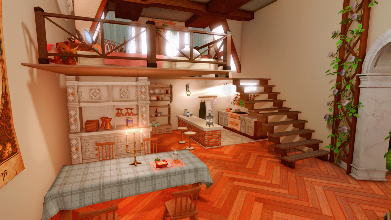 Final Fantasy 14 housing, a wide shot of the basement with kitchen and a lofted bedroom
