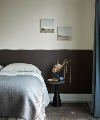 Grey and white bedroom with wool throw, organic bedside table and patterned rug