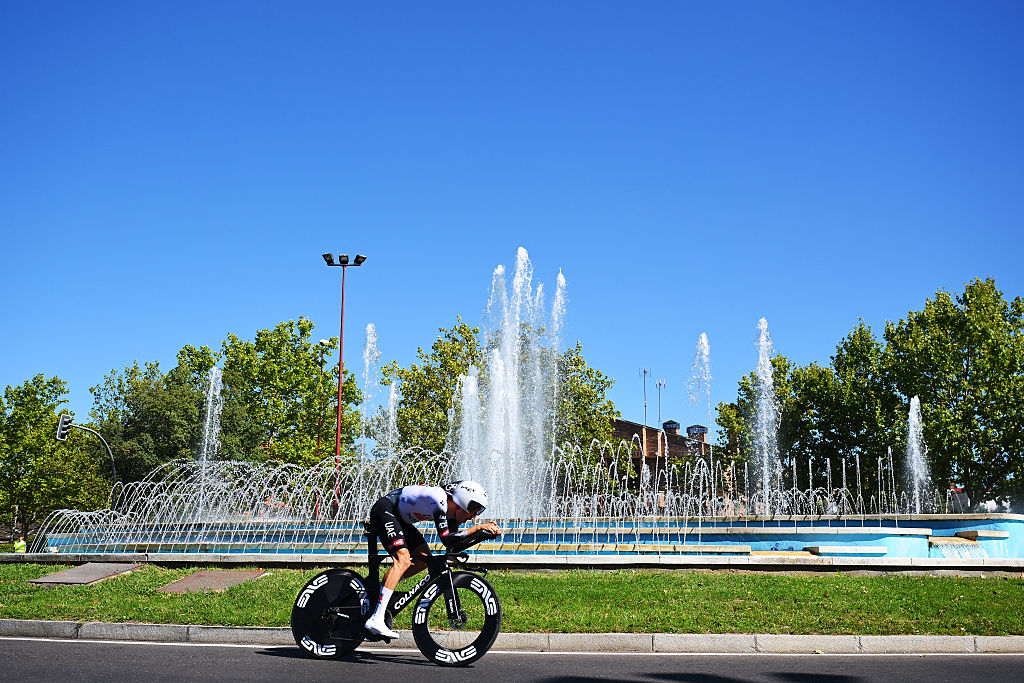 VALLADOLID, SPAIN - SEPTEMBER 11: Juan Ayuso of Spain and UAE Team Emirates - XRG competes during the La Vuelta - 80th Tour of Spain 2025, Stage 18 a 12.2km individual time trial stage from Valladolid to Valladolid / Stage shortened for safety reasons / #UCIWT / on September 11, 2025 in Valladolid, Spain. (Photo by Tim de Waele/Getty Images)
