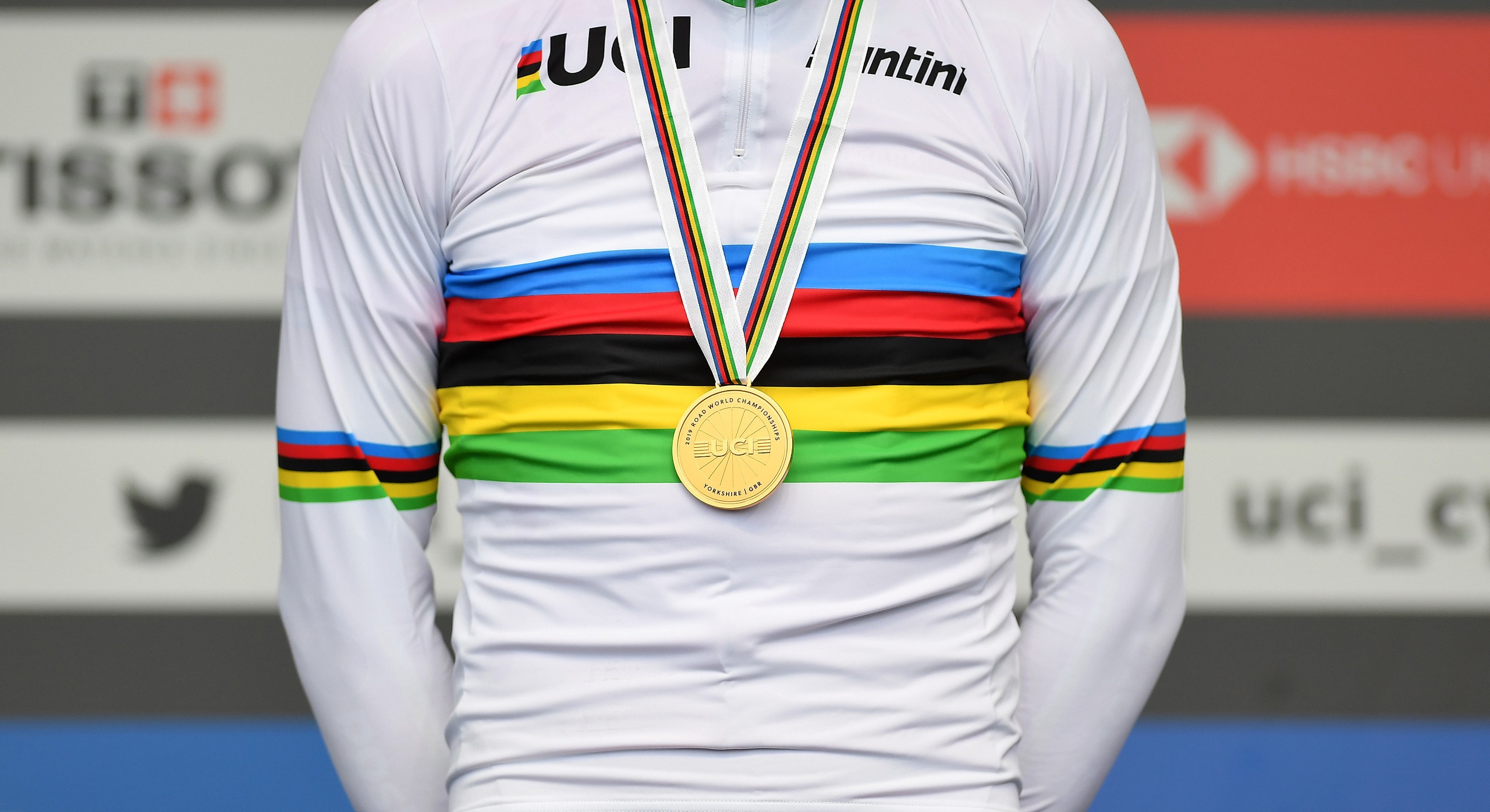 Mads Pedersen of Denmark Gold Medal Celebration UCI Rainbow World Champion Jersey during the 92nd UCI Road World Championships 2019