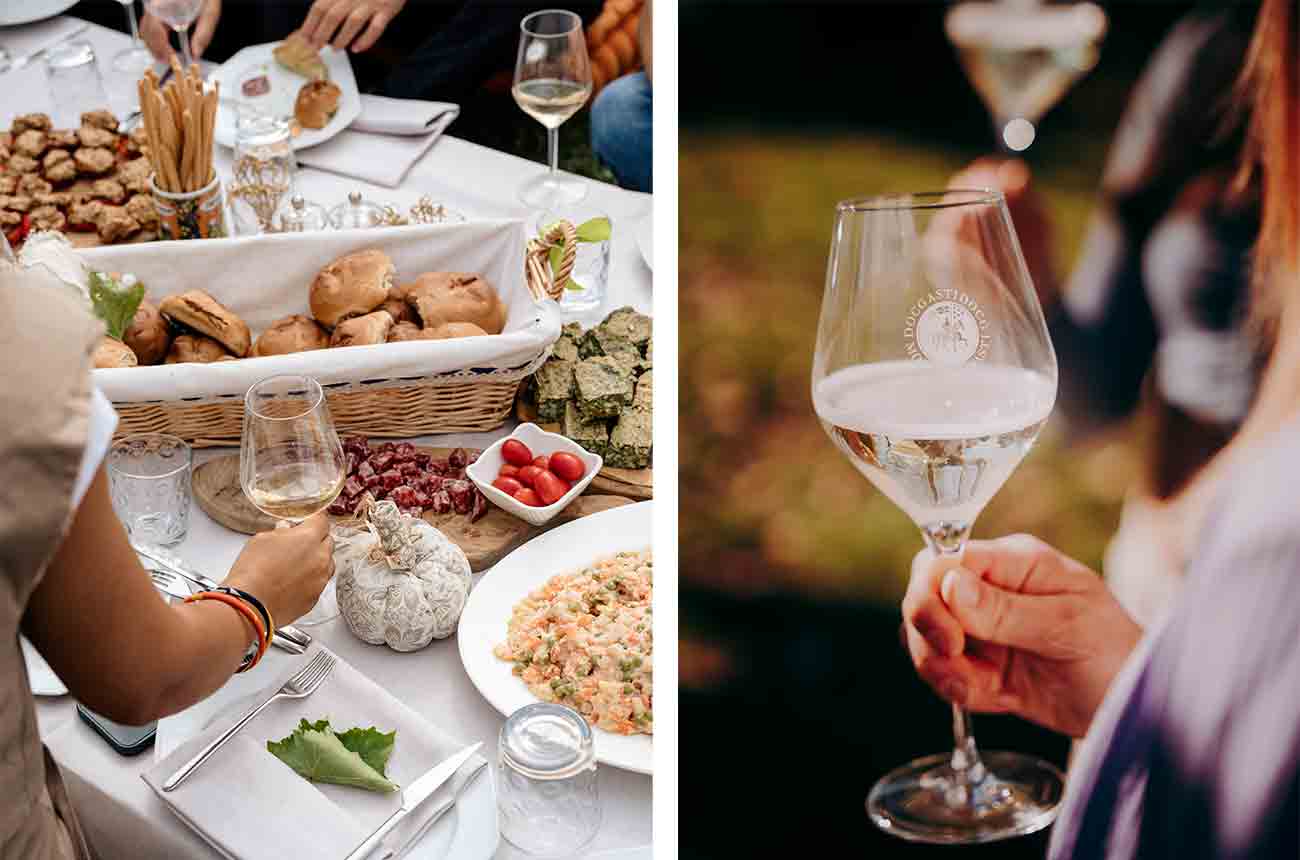Table of food with glass of Asti sparkling wine