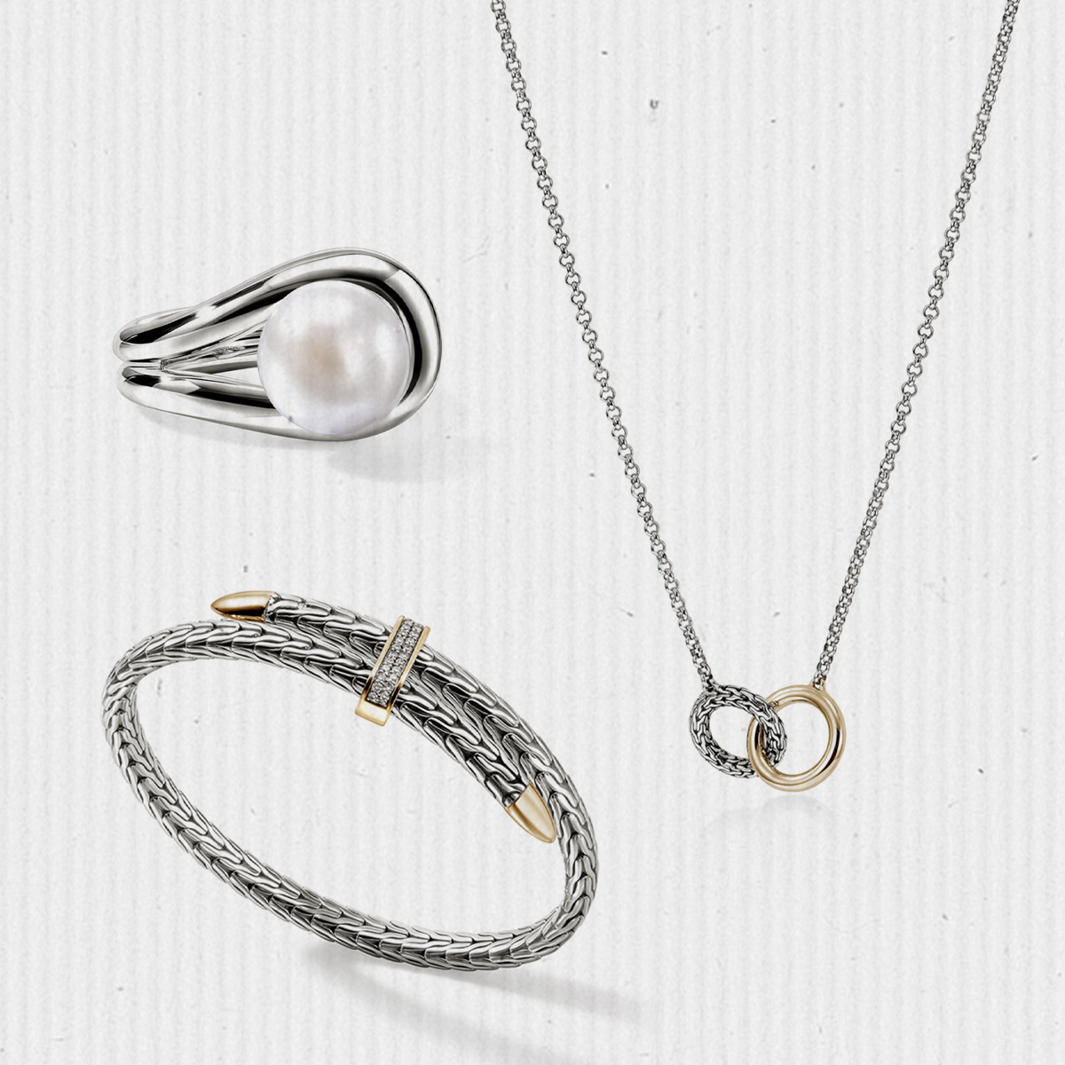 A product collage of John Hardy jewelry. 