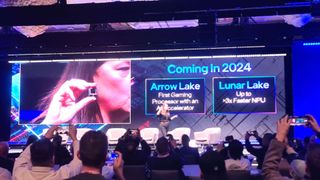 Intel Client Computing keynote event at CES 2024 with a Lunar Lake CPU sample being demonstrated