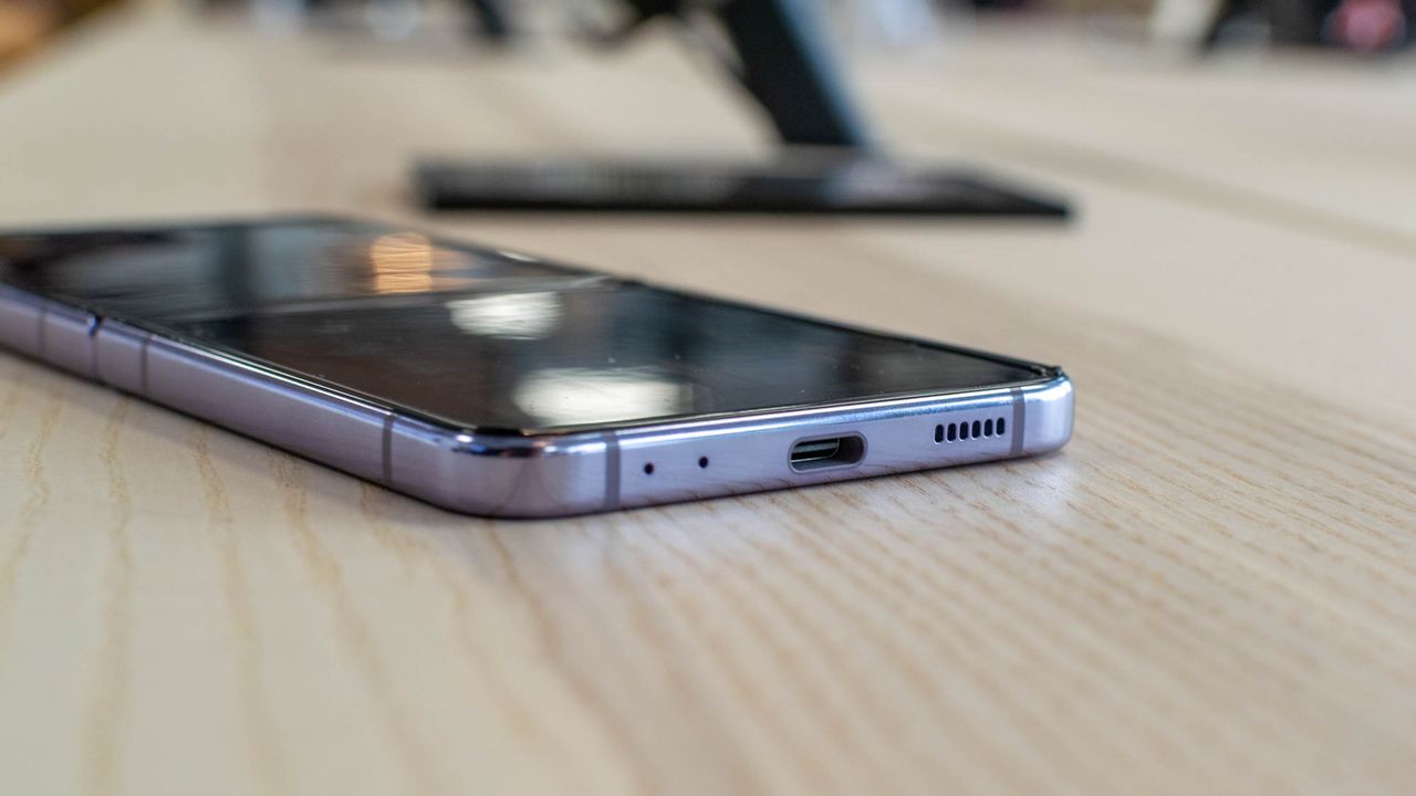 A closeup of the Samsung Galaxy Z Flip 4's charging port