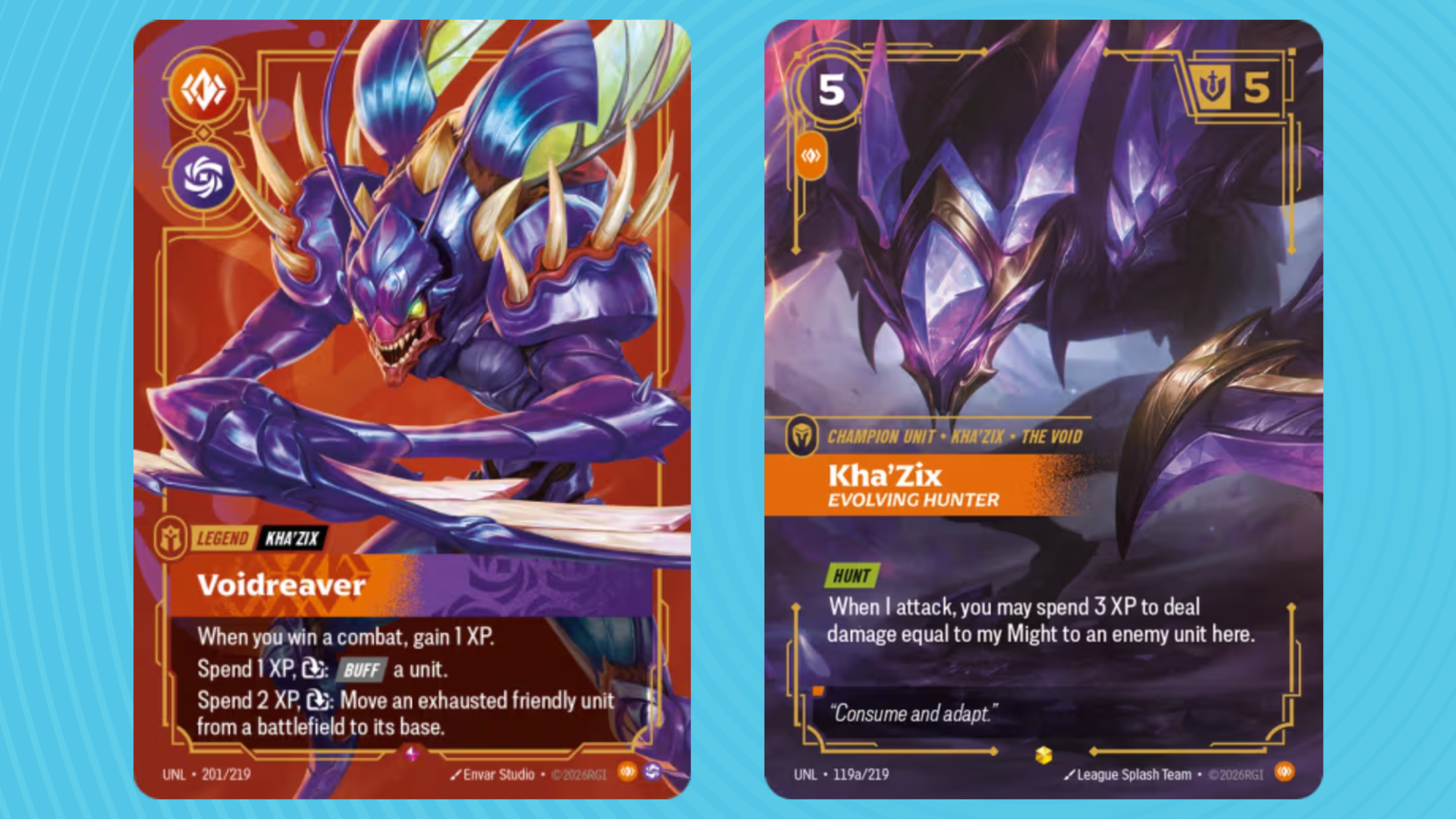 Kha'Zix looking bugly and menacing on a pair of cards in front of a blue background