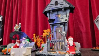 Lego Nightmare Before Christmas set with red curtain in backdrop