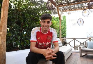 Kai Havertz poses after signing for Arsenal on June 28, 2023 in Marbella, Spain.