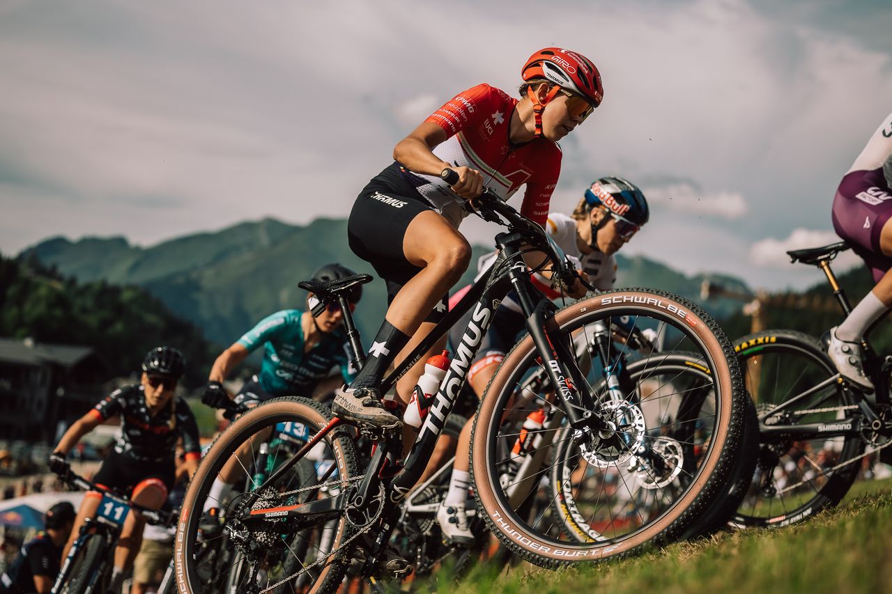 Alessandra Keller (Th&ouml;mus Maxon) passed rival Puck Pieterse (Alpecin-Deceuninck) on final lap to win Les Gets XCC round of 2024 UCI MTB World Series