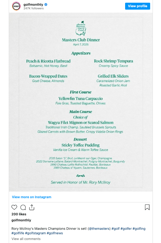 Rory McIlroy - Masters Champions Dinner 2026 menu