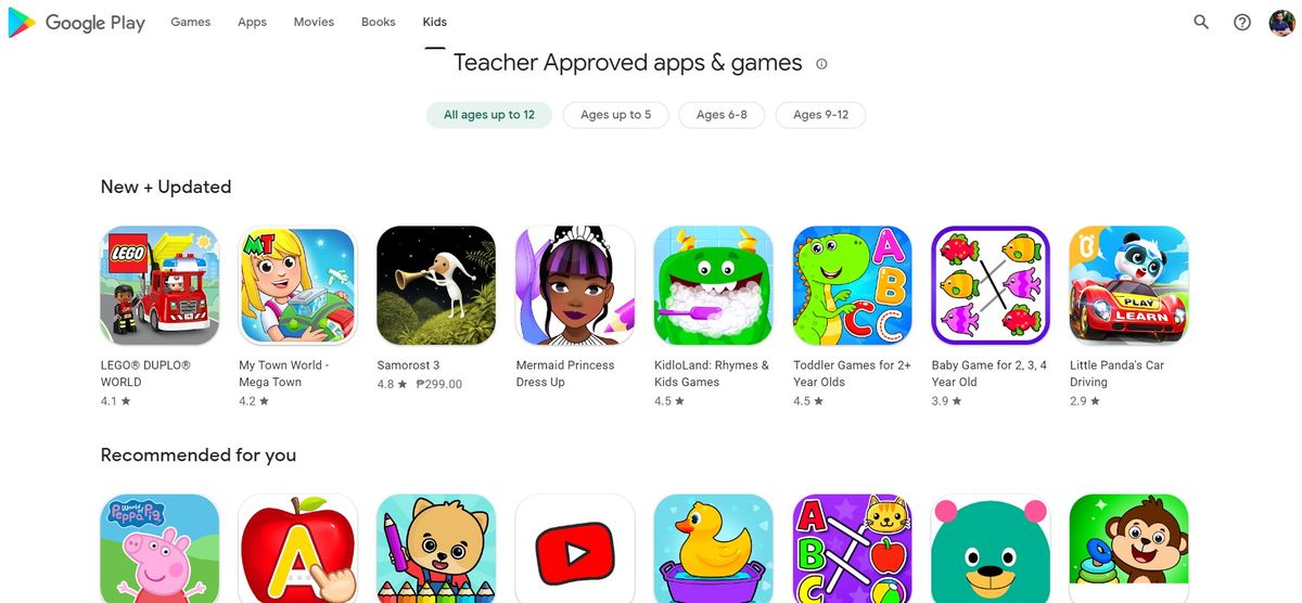 Google Play Store's kids tab on desktop