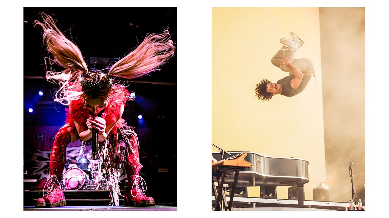 Montage of two photos showing performing musicians: Yukina, the singer of the band Hanabie, by Afra Gerthoeffer-Gruetz (left) and Benson Boone by Javier Bragado.