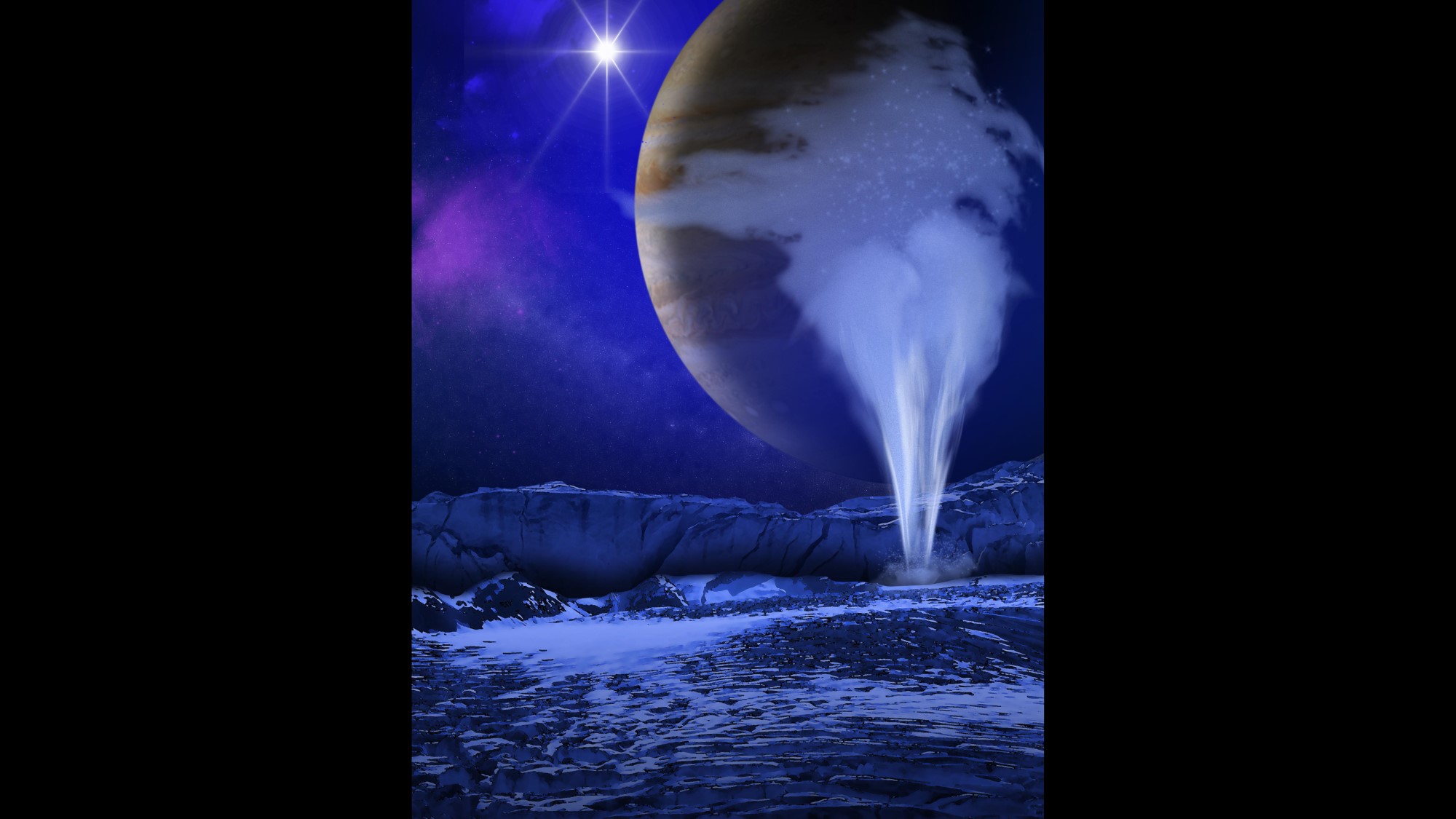 tegning viser en geysir som skyter opp mot himmelen dominert av Jupiter
