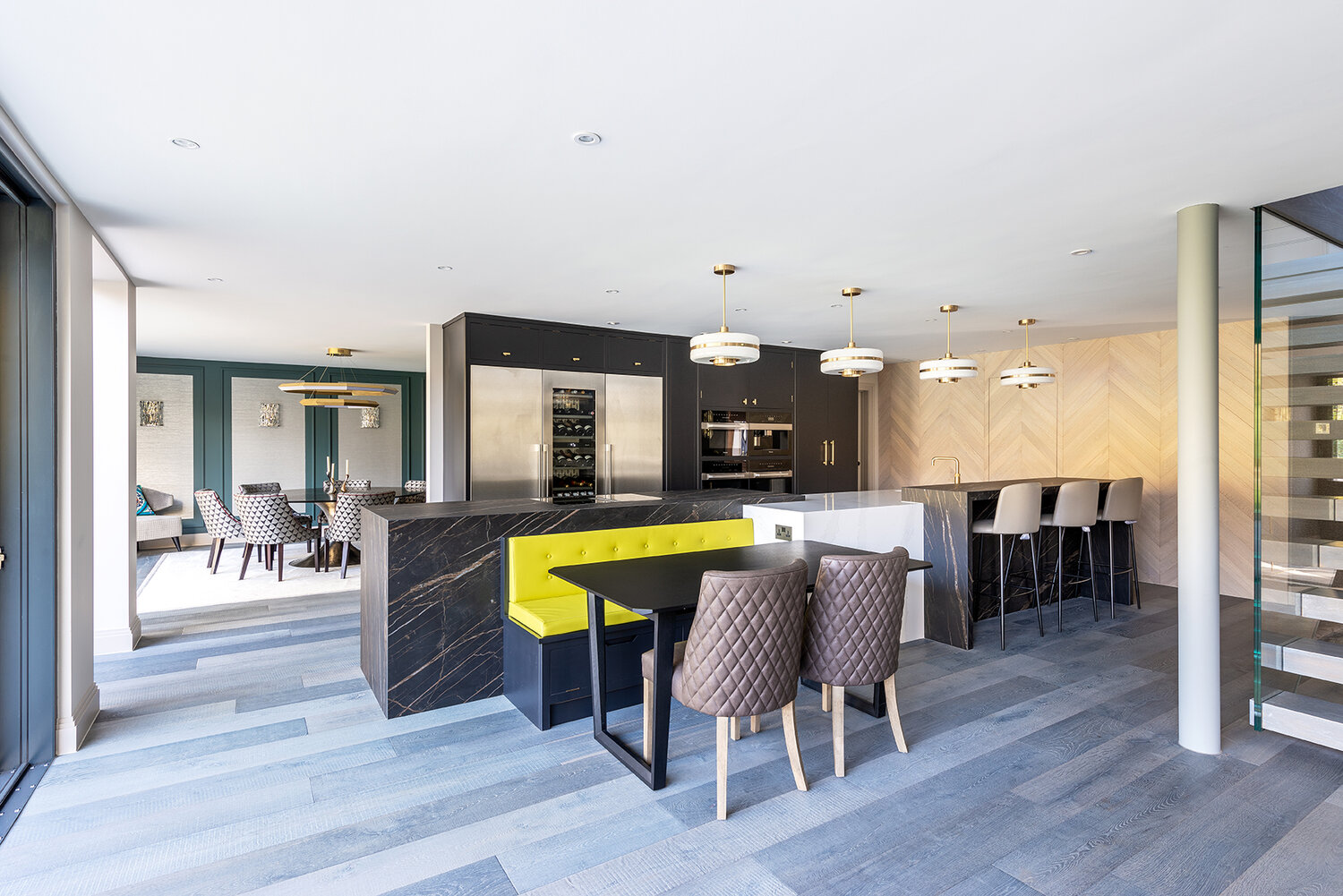 modern grey open plan kitchen and dining area