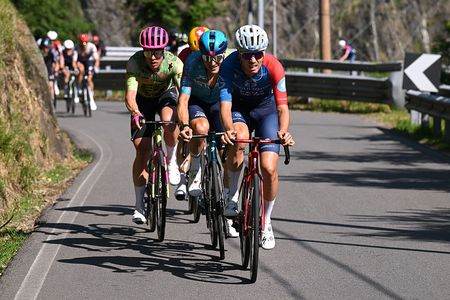 Michael Valgren of Team EF Education - EasyPost, Alberto Bettiol of Team XDS Astana and Josh Kench and Team Groupama - FDJ United compete in the breakaway during the 109th Giro d'Italia 2026