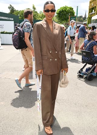 Rochell Humes in a brown suit for Wimbledon 2023