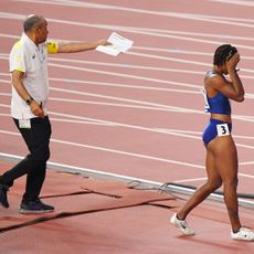 doha, qatar october 05 brianna mcneal of the united states reacts after being disqualified in the womens 100 metres hurdles heats during day nine of 17th iaaf world athletics championships doha 2019 at khalifa international stadium on october 05, 2019 in doha, qatar photo by matthias hangstgetty images