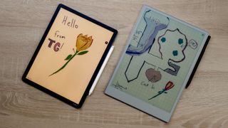 Kindle Scribe Colorsoft vs ReMarkable Paper Pro on a table alongside each other