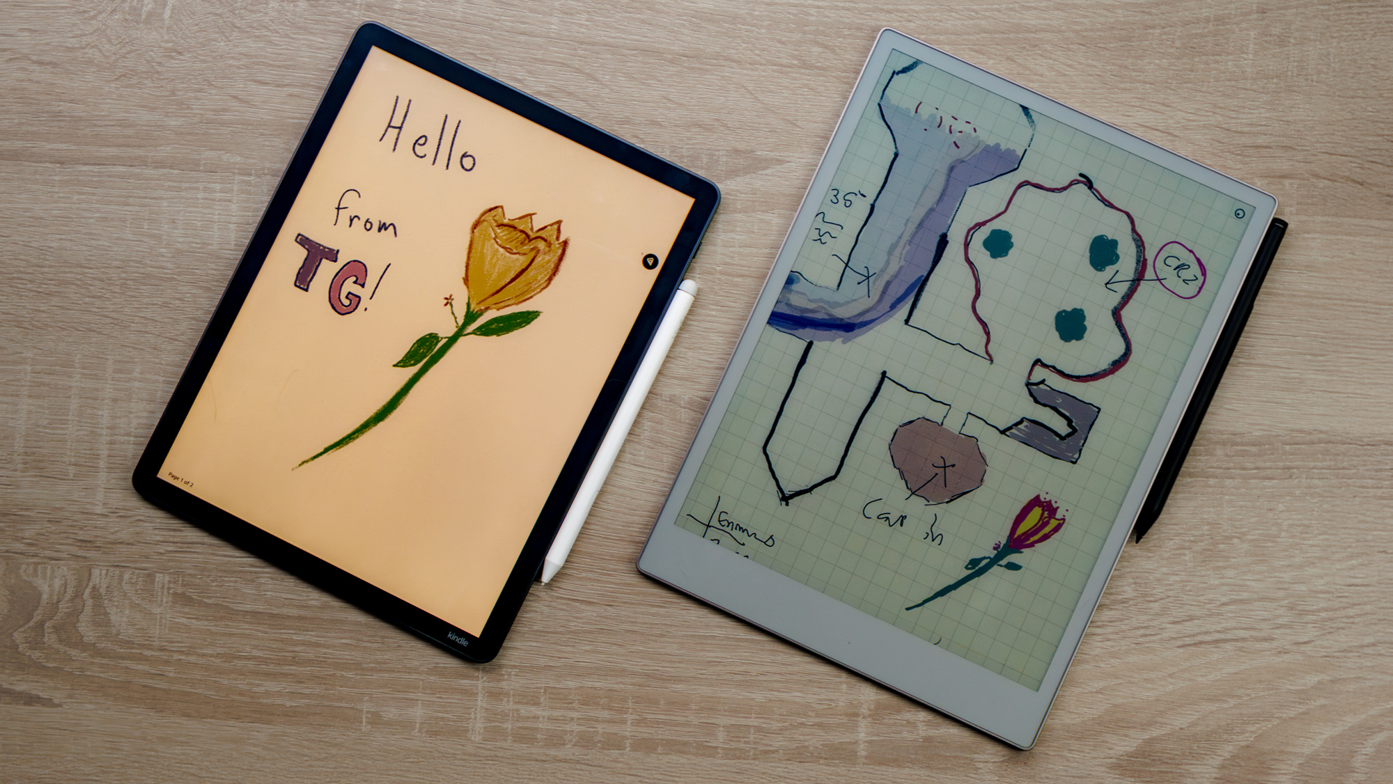 Kindle Scribe Colorsoft vs ReMarkable Paper Pro on a table alongside each other