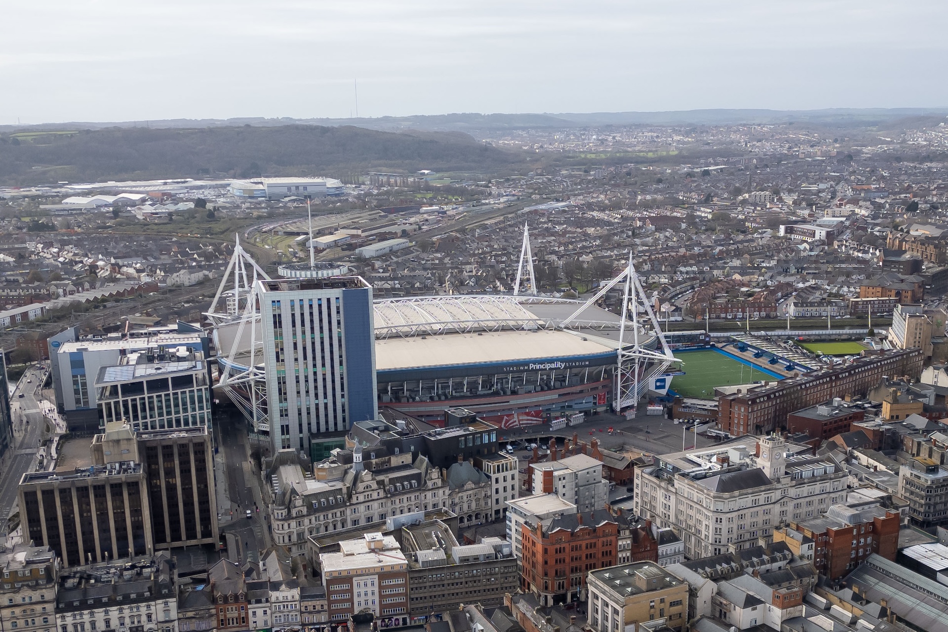 An aerial view of the city centre showing the Principality Stadium
