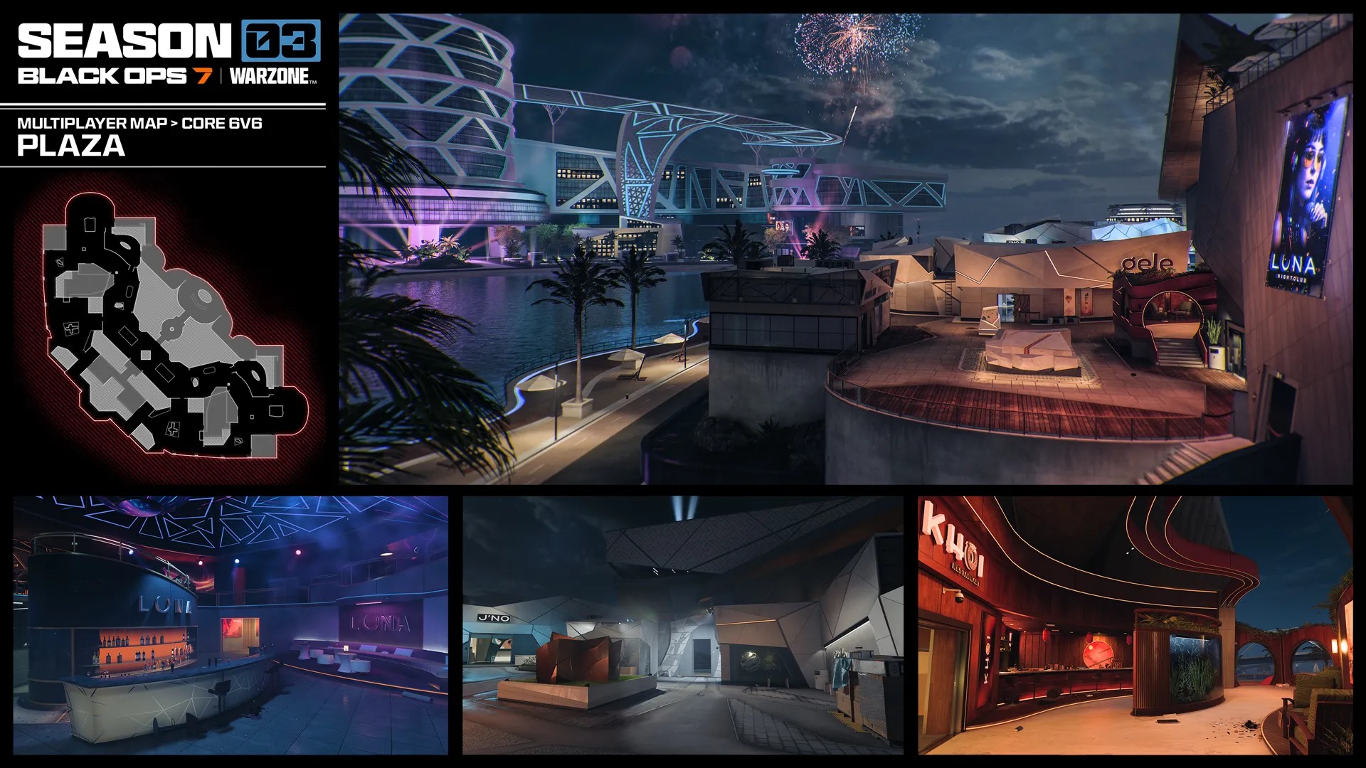 Call of Duty: Black Ops 7 Season 3 screenshots including weapon prestige camos, new mode gameplay for freerun and demolition, and new operator skins.