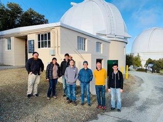 Team members installed two PANOSETI 0.5-m telescopes in the Astrograph dome to commence a wide-field optical SETI search and continue prototyping designs for the full observatory concept. Picture: team outside Astrograph on January 14, 2020. (Left to right: Aaron Brown, Shelley Wright, Jerome Maire, Wei Liu, Rick Raffanti, Dan Werthimer, and James Wiley.)