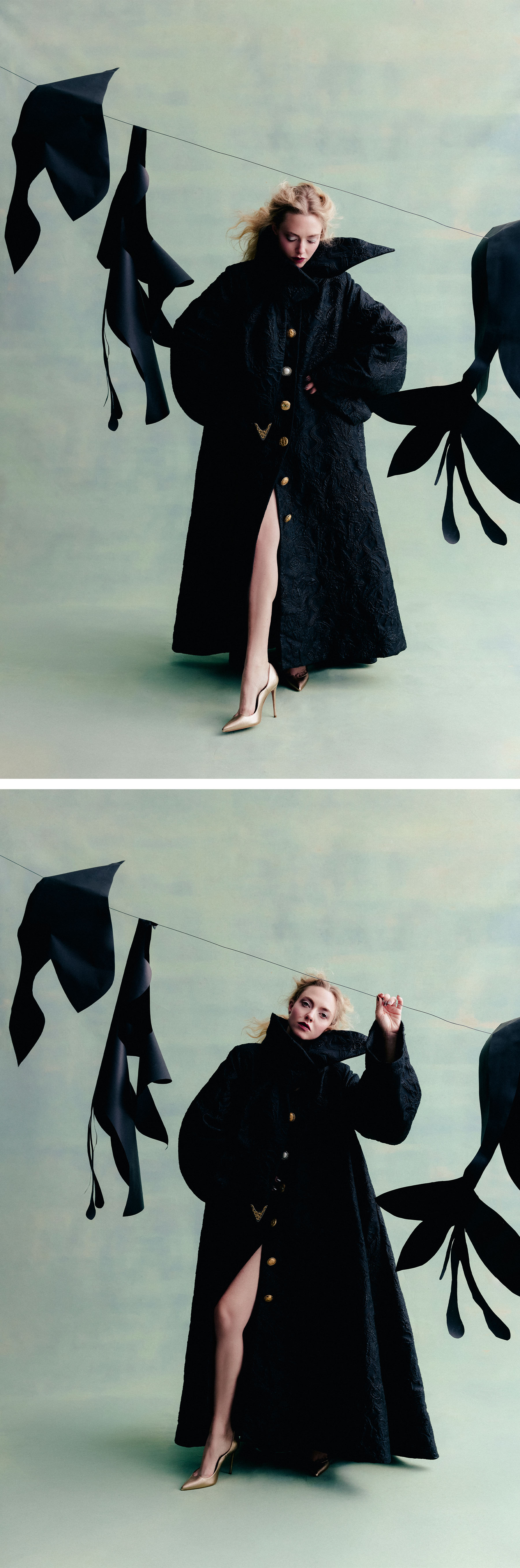 Amanda Seyfried for Who What Wear&#039;s December cover story. She is photographed wearing an oversize black coat with tie collar and gold button detailing.