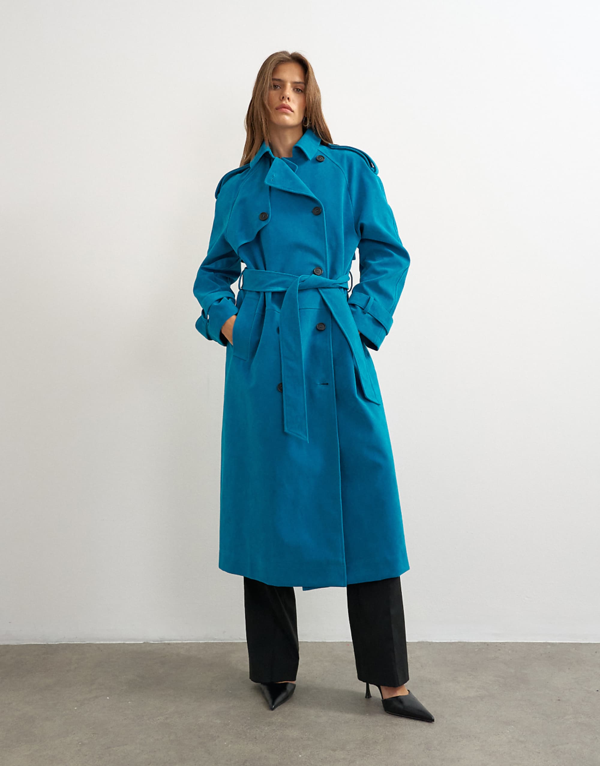 Topshop Longline Oversized Faux Suede Trench Coat in Blue
