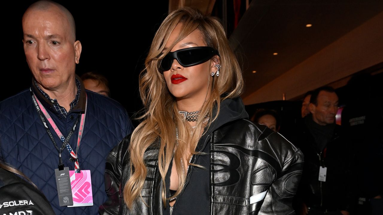 Rihanna in leggings and a leather jacket at F1 Grand Prix in Las Vegas