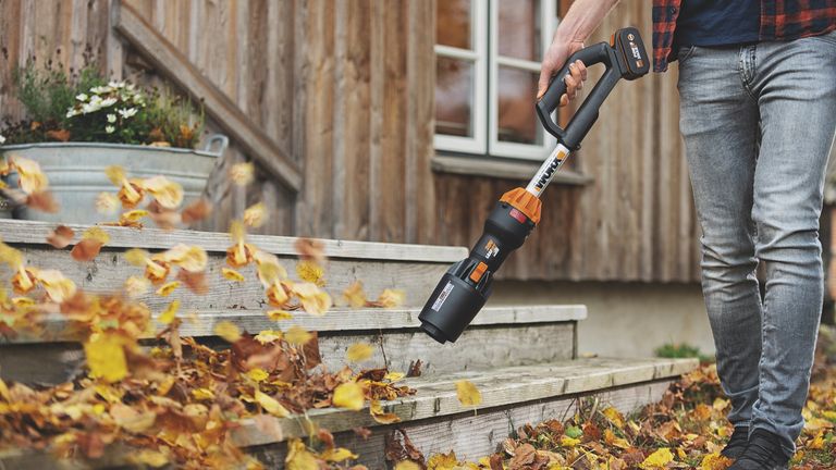 Worx LEAFJET leaf blower being used by a man in jeans to, um, blow leaves off a set of outdoor stairs