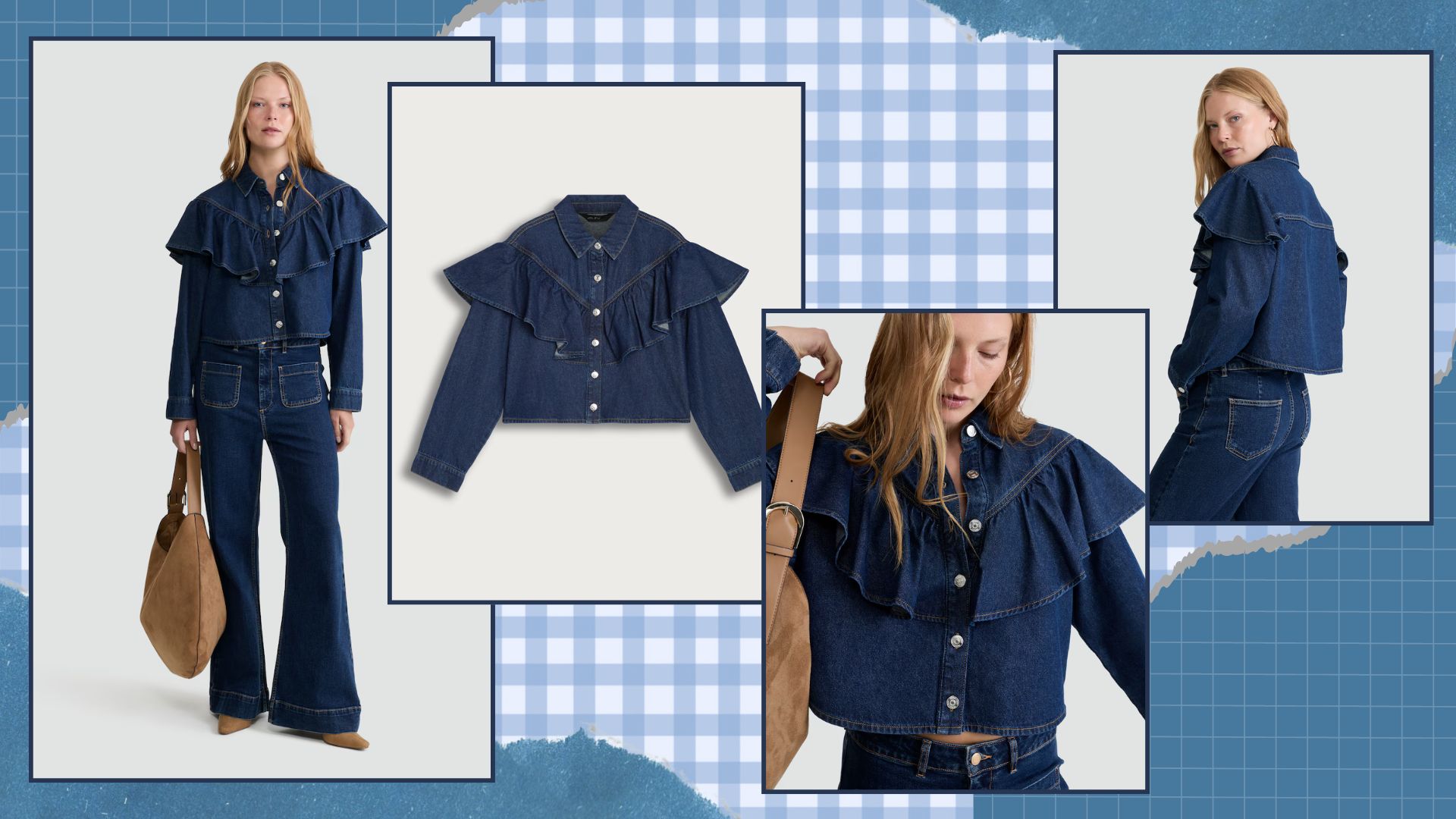 a model wearing the dark denim ruffle denim shirt 