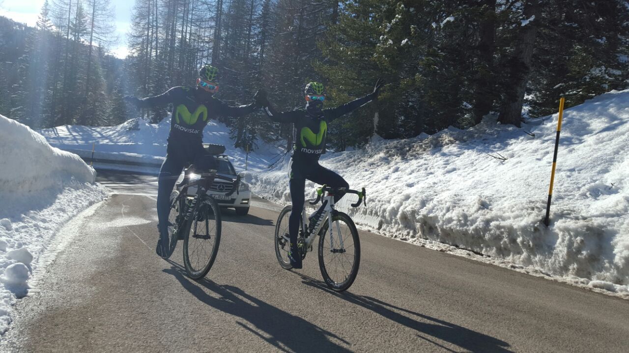 Alejandro Valverde and Andrey Amador (Movistar) preview the route for stage 14 of the Giro d'Italia