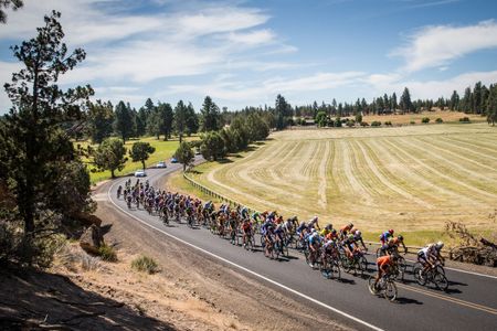 The mens peloton rolls through the Bend countryside