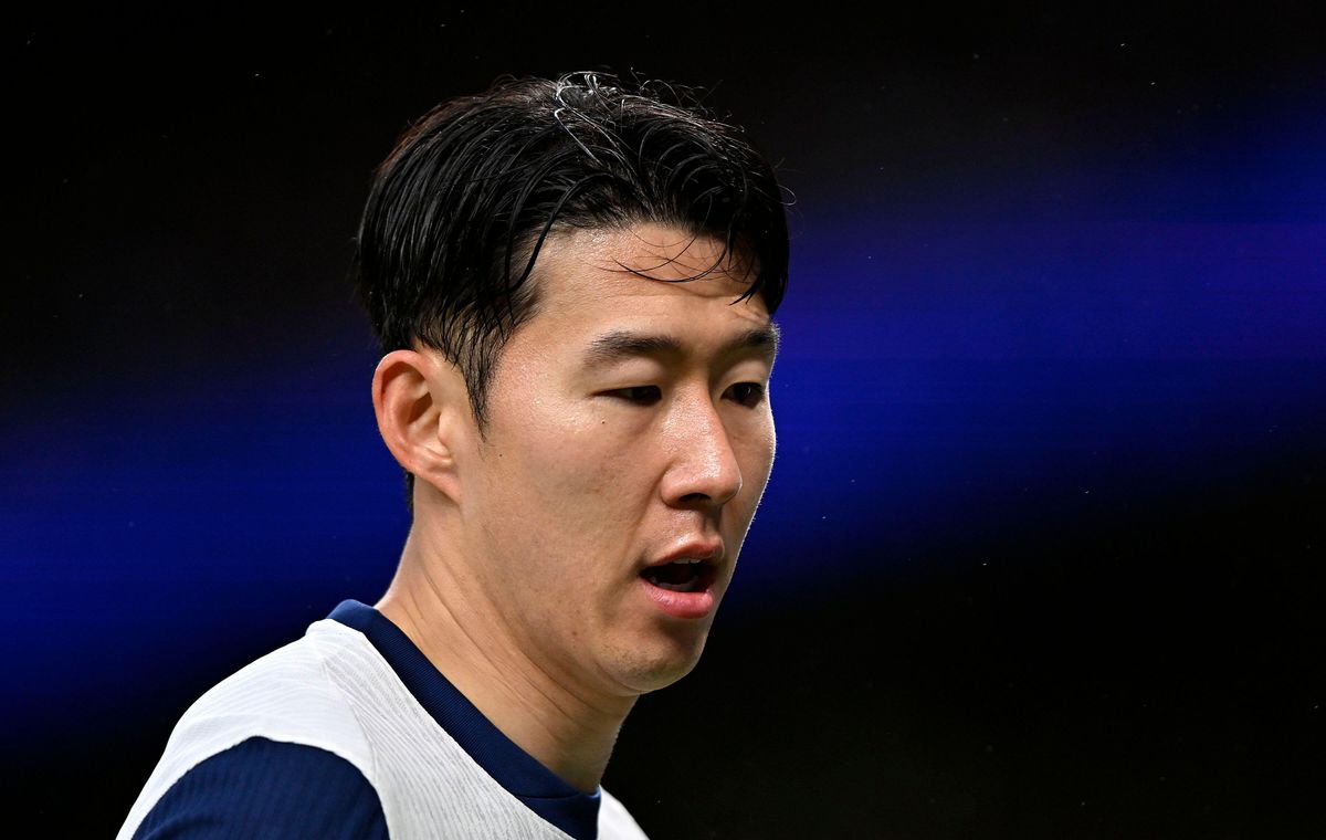 Son Heung-min looks on while playing for Tottenham Hotspur against Leicester City, 2025