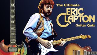A photo composite for the Ultimate Eric Clapton Guitar Quiz, showing Clapton playing his Blackie Strat during his 'Money and Cigarettes' tour in 1983. 