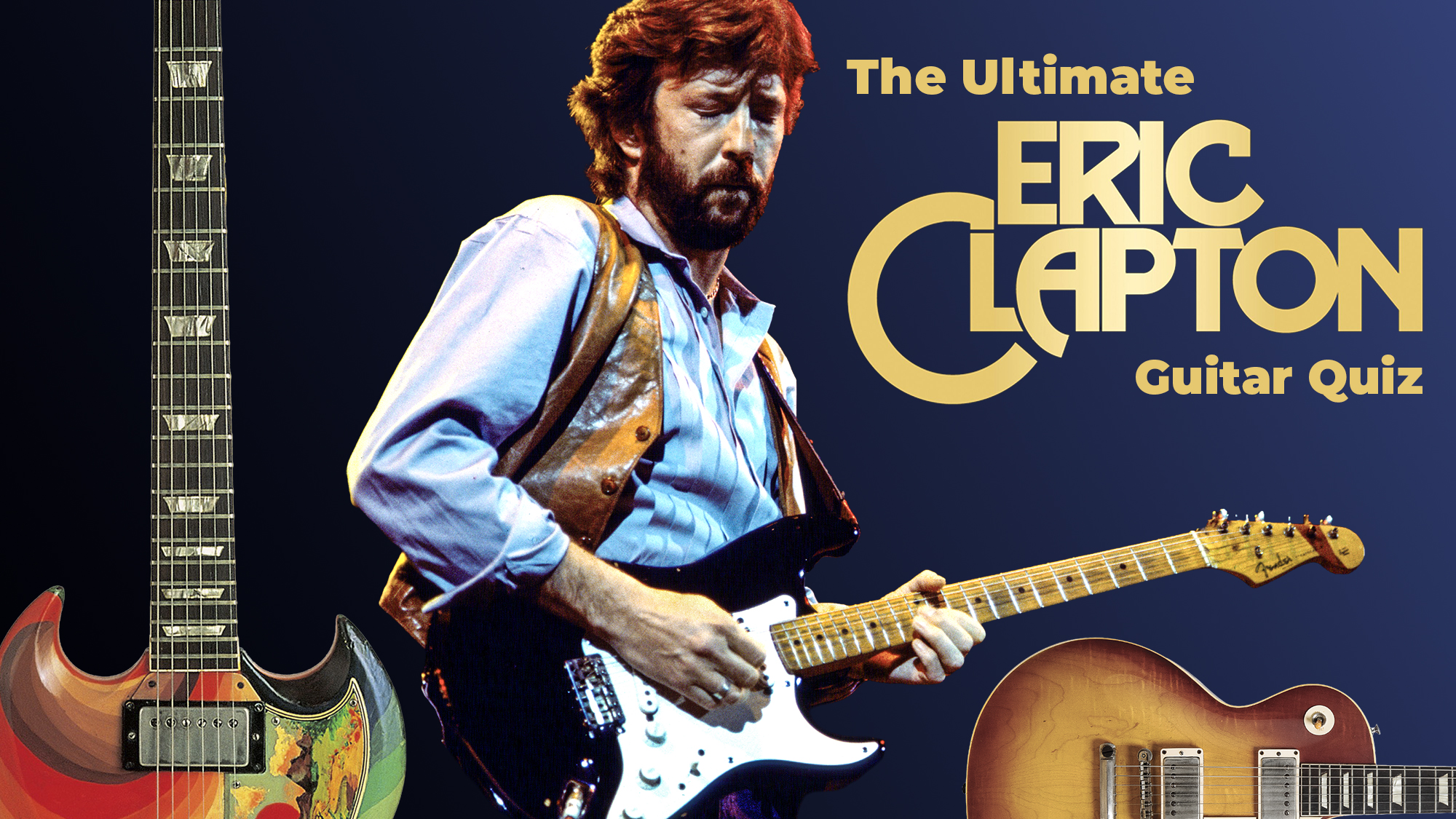 A photo composite for the Ultimate Eric Clapton Guitar Quiz, showing Clapton playing his Blackie Strat during his 'Money and Cigarettes' tour in 1983. 